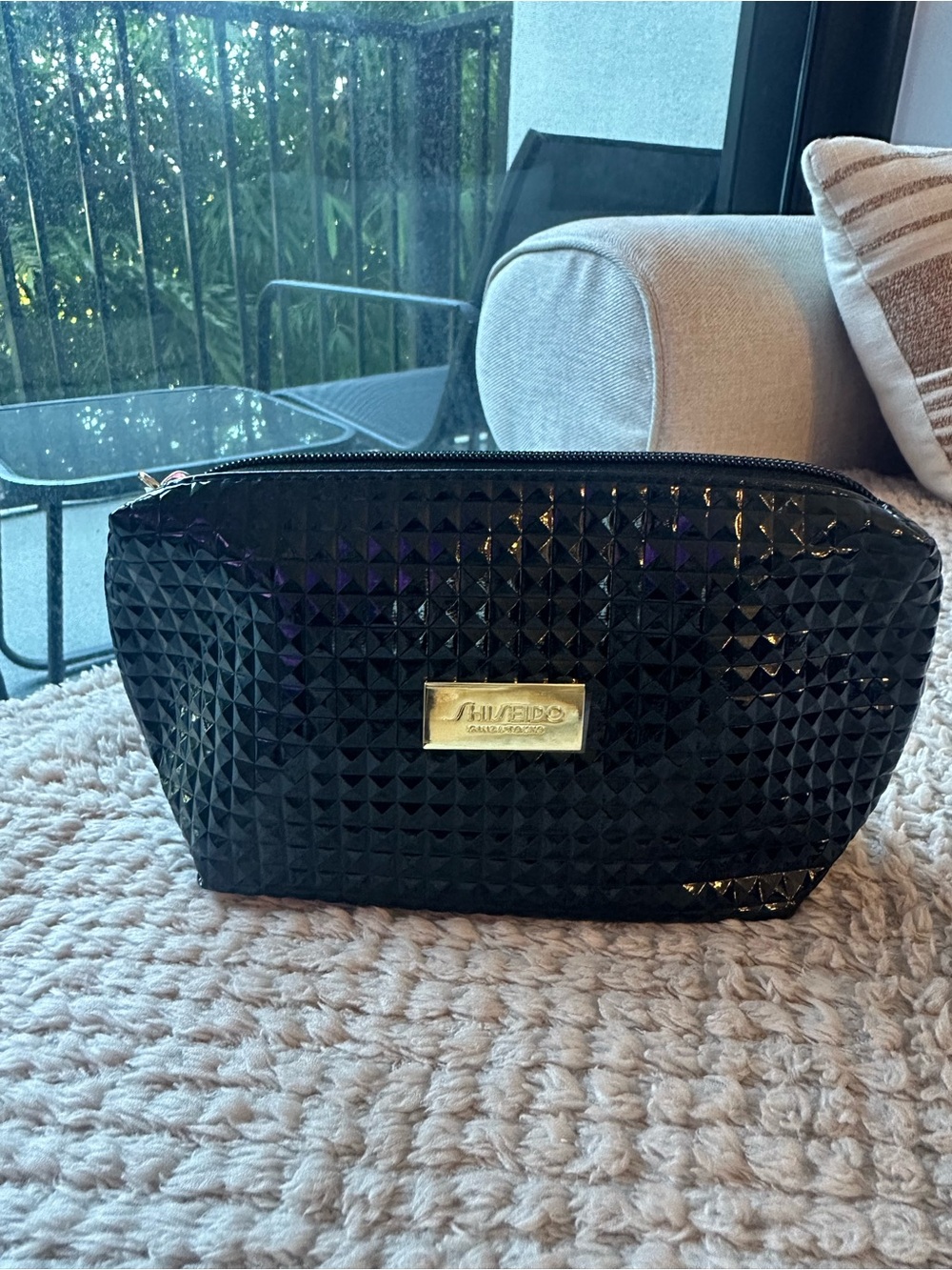 Shiseido Black Pyramid-Texture Cosmetic Bag with Gold Plaque